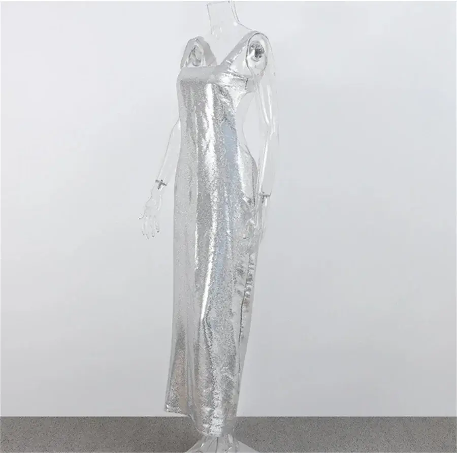 Silver prom dresses: Backless, sleeveless mermaid gown with glitter sequins - Image 3