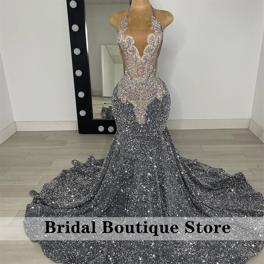 Silver Prom Dresses: Glitter Grey Sequin Beaded Evening Party Dress