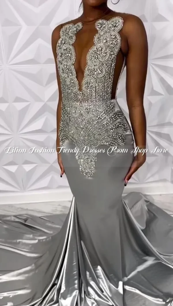 Silver prom dresses: Sparkly mermaid evening gown with luxury crystals - Image 2