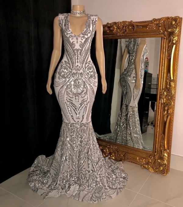 Silver Prom Dresses: Deep V-neck Mermaid Style Sequin Lace Gown