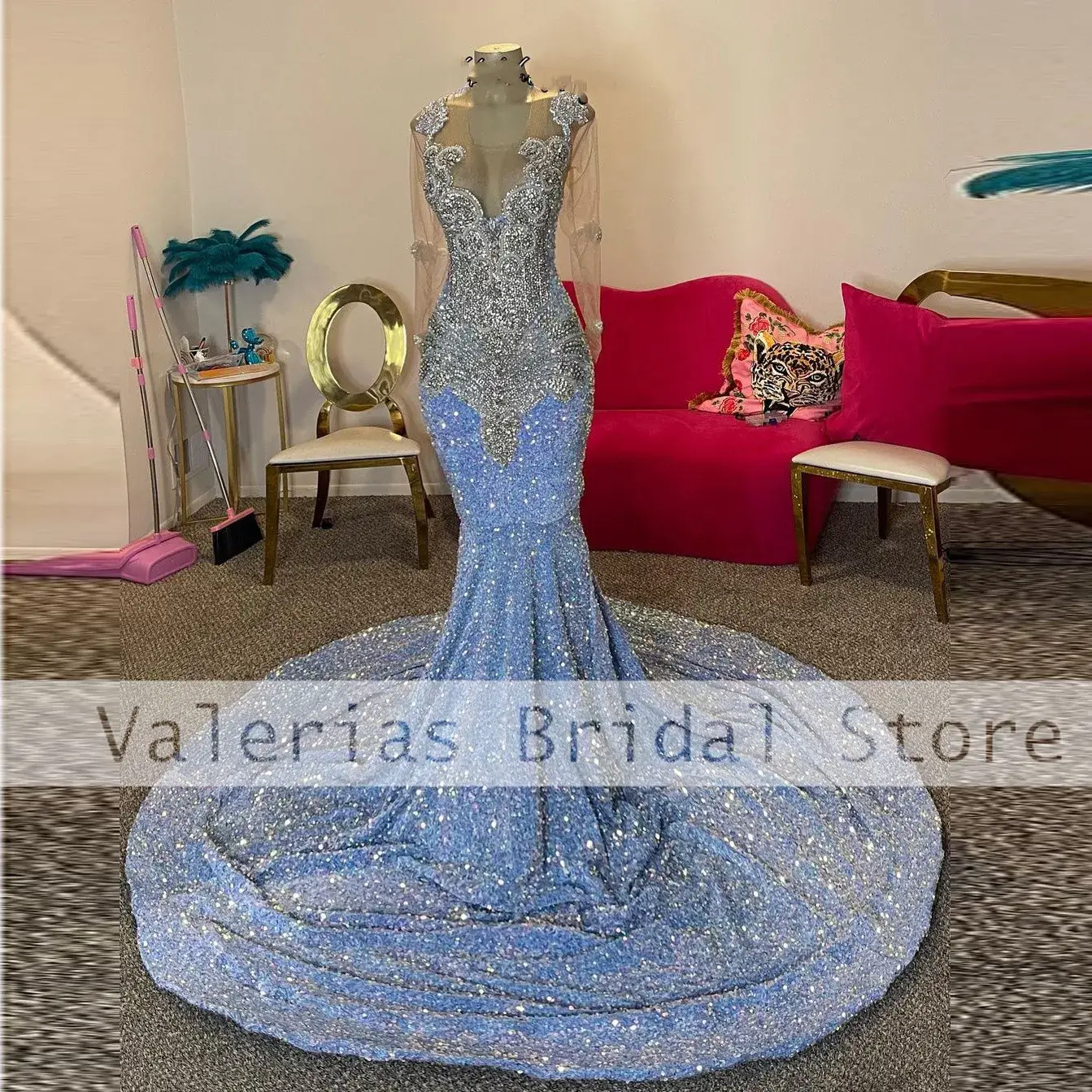 Customized Silver Prom Dress with Crystals for Formal Events and Parties