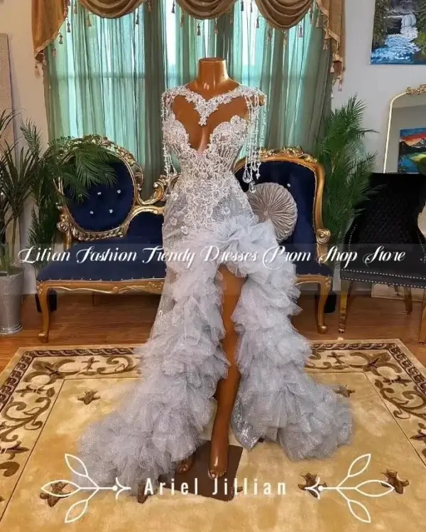 Silver prom dresses with glitter, crystals, and custom African designs