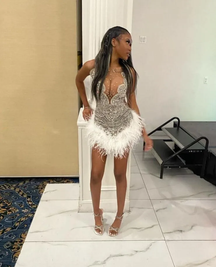 Custom Silver Prom Dress with Diamond Feather Mesh for Black Girl - Image 3