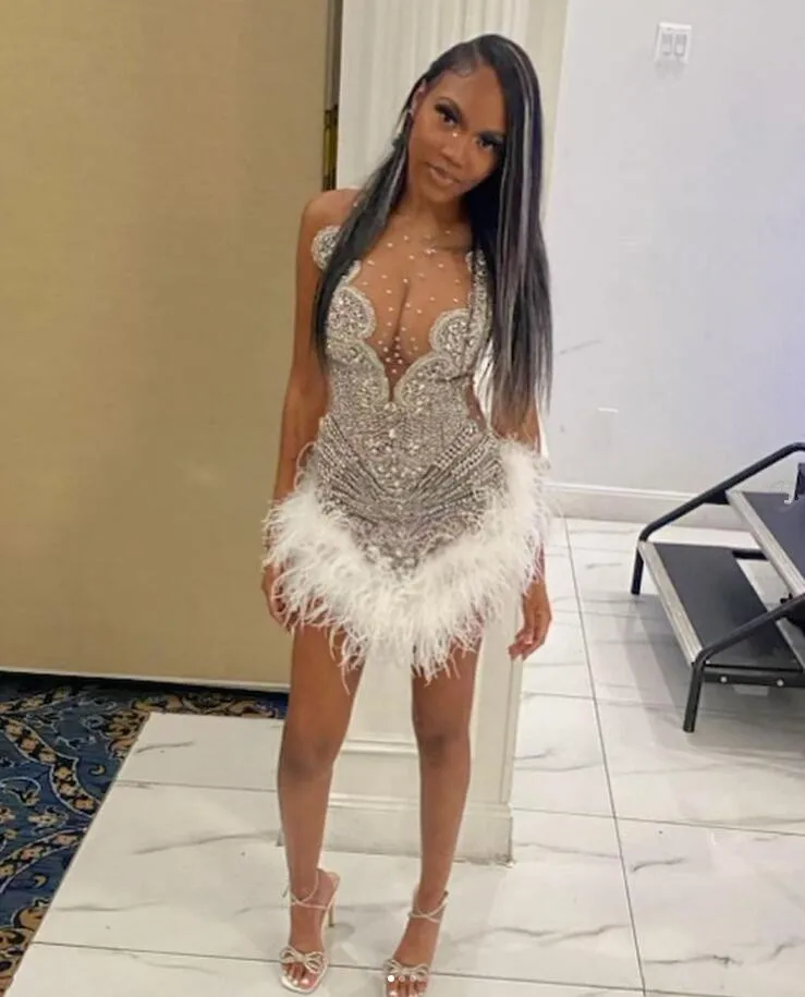 Custom Silver Prom Dress with Diamond Feather Mesh for Black Girl