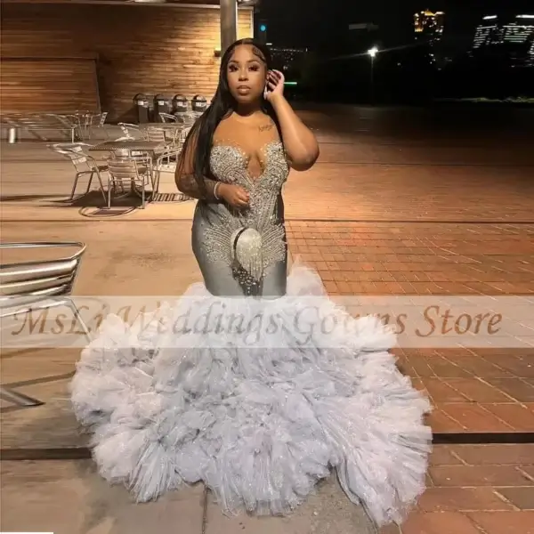 Silver prom dresses with illusion neck, crystals, and ruffles for black girls