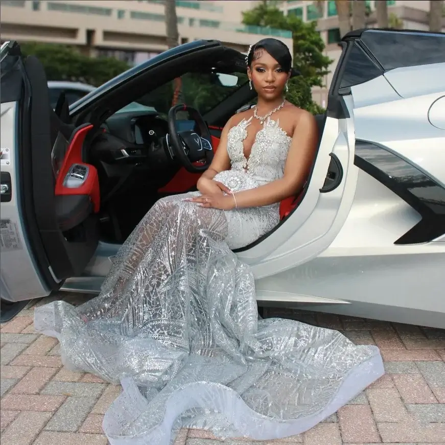 Silver prom dresses with glitter, sequins, rhinestones, and ruffle details - Image 2