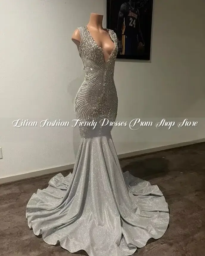 Silver Prom Dresses: Luxury Crystal Sparkly Mermaid Evening Gown