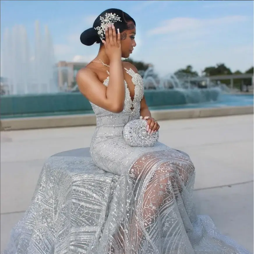 Silver prom dresses with glitter, sequins, rhinestones, and ruffle details - Image 3