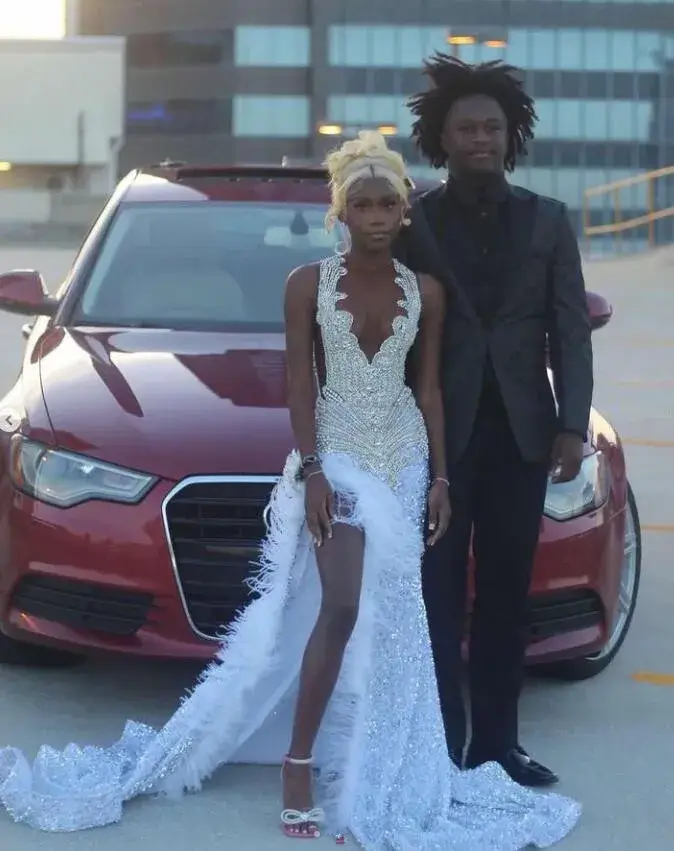 Silver Prom Dress: Sparkly Long Velvet Feather Crystal Gala Dress - Image 2