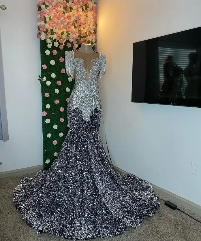Silver Prom Dress: Shiny Grey Mermaid with Tassel and Diamante