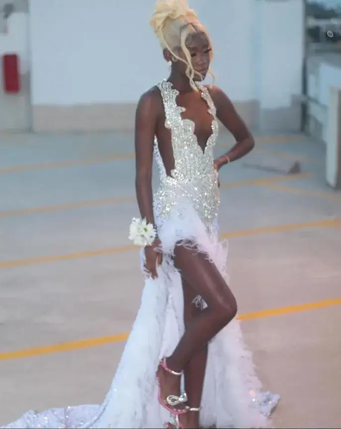 Silver Prom Dress: Sparkly Long Velvet Feather Crystal Gala Dress - Image 3