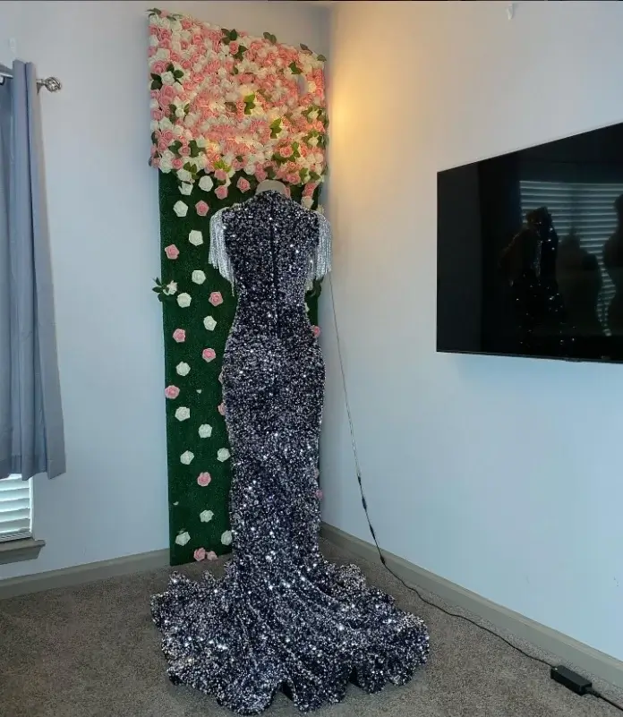 Silver Prom Dress: Shiny Grey Mermaid with Tassel and Diamante - Image 2