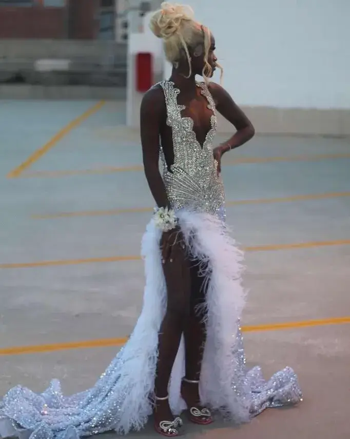 Silver Prom Dress: Sparkly Long Velvet Feather Crystal Gala Dress