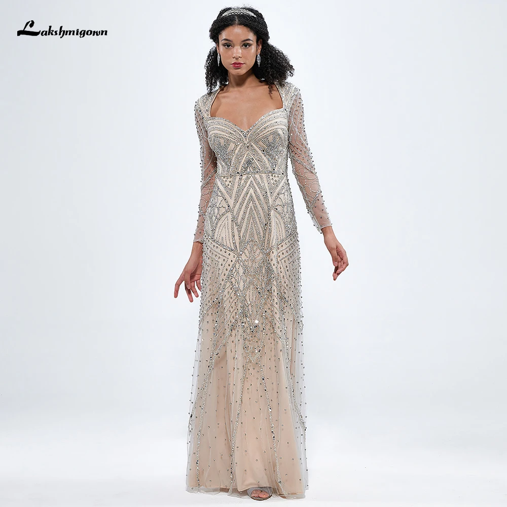 Silver Nude Beaded Long Sleeve Mermaid Dubai Evening Party Dress