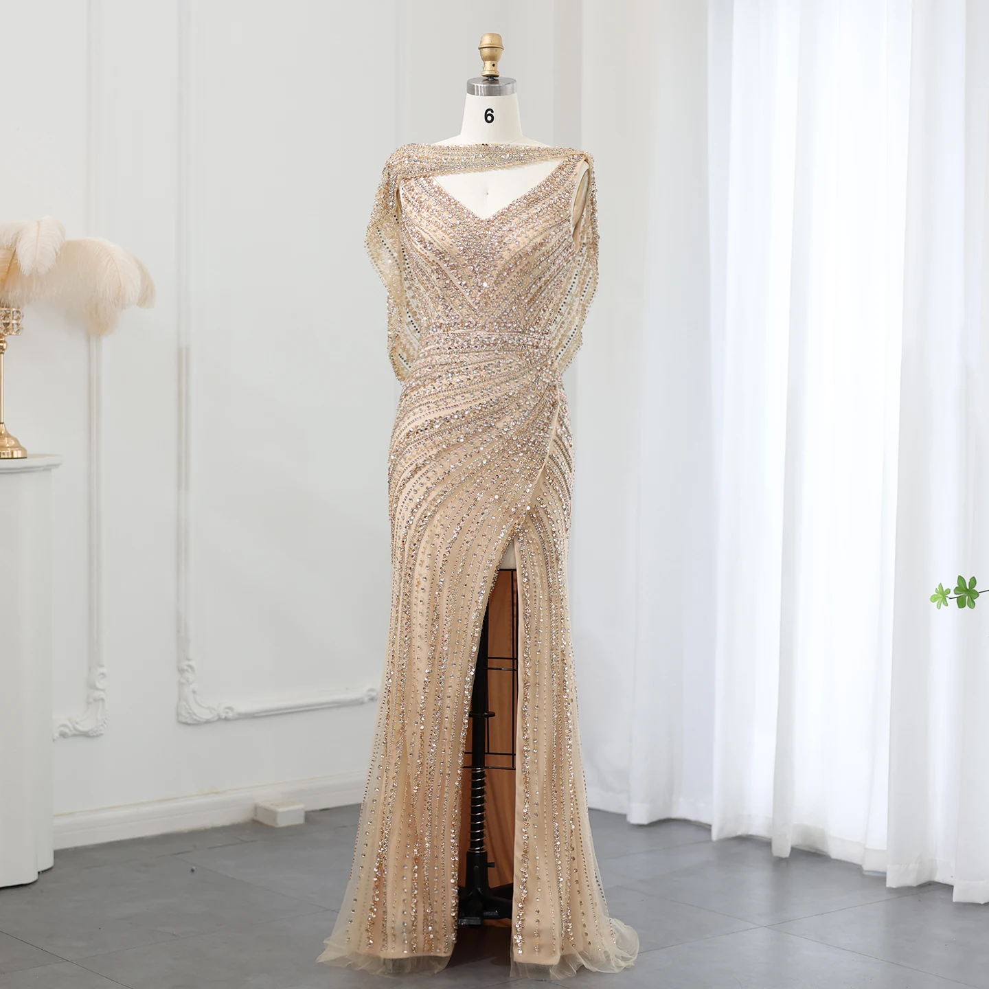 Sharon Said Luxury Silver Mermaid Evening Dress with Cape Beaded - Image 4