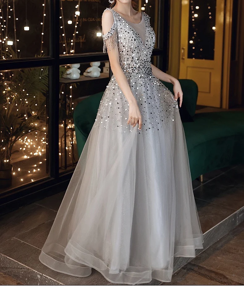 Silver Gray Prom Dresses Sequined O-Neck A-Line Evening Gown Beads - Image 6