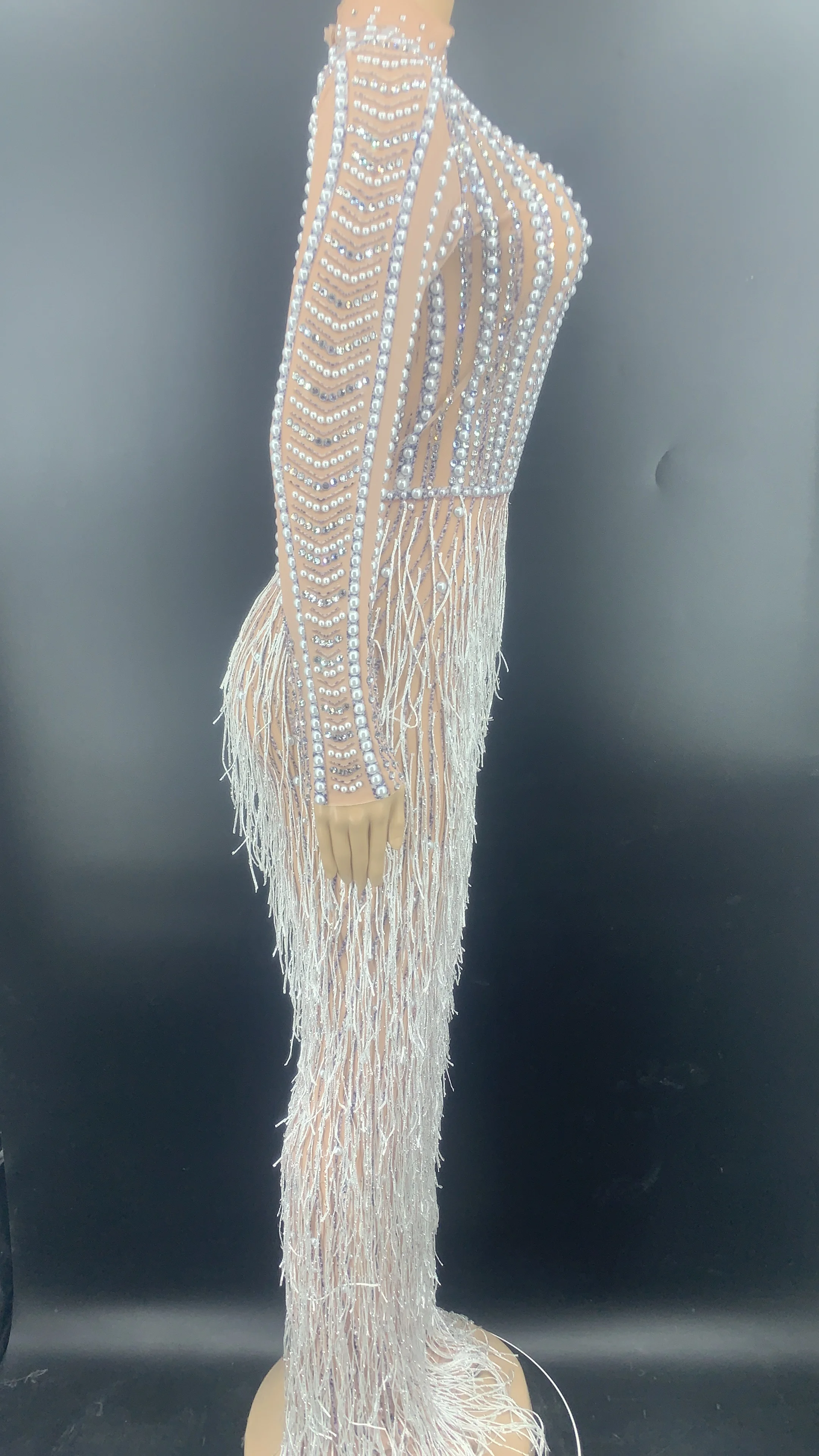 Silver Rhinestone Fringe Transparent Dress For Birthday Prom Party - Image 3