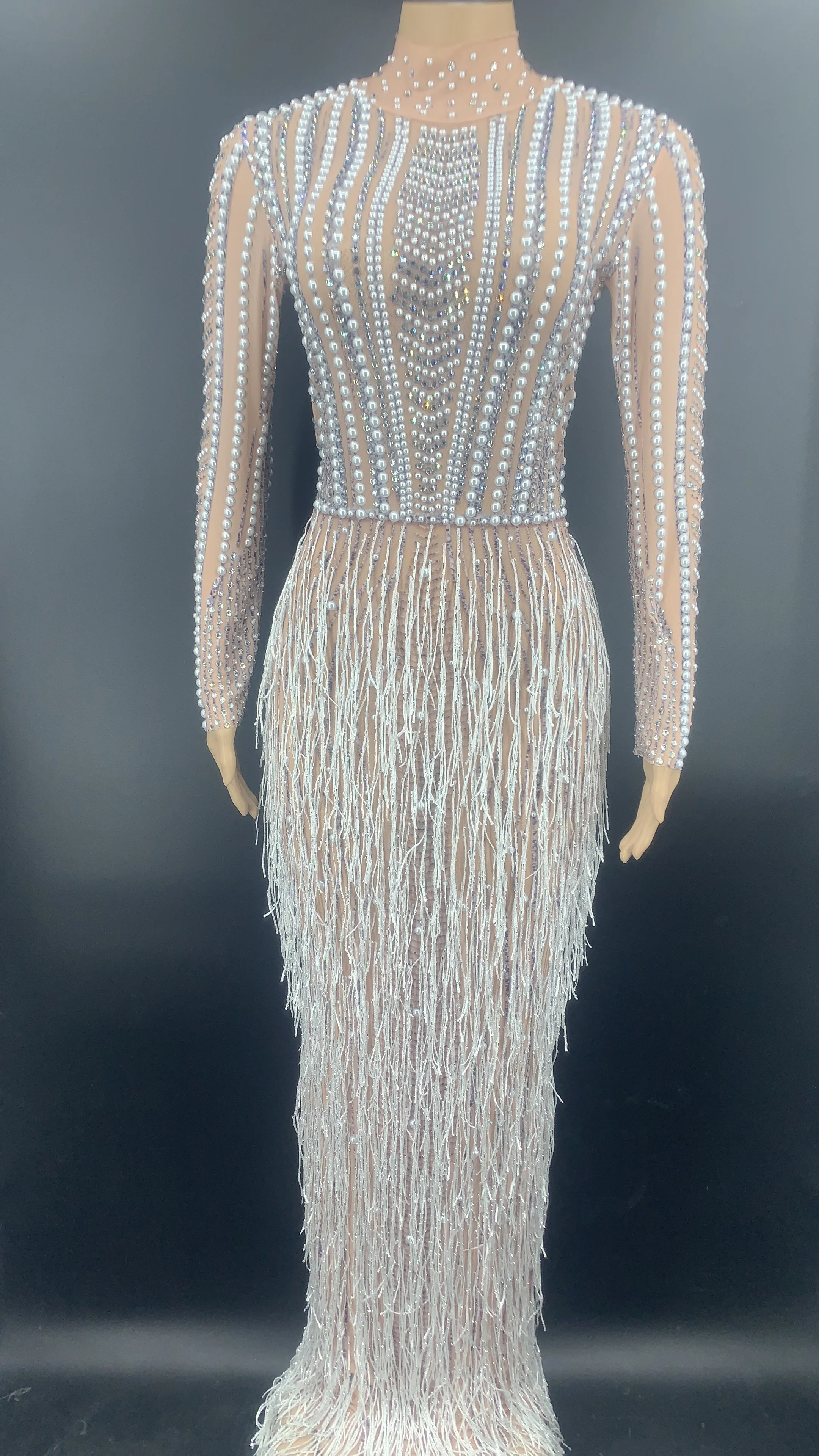 Silver Rhinestone Fringe Transparent Dress For Birthday Prom Party