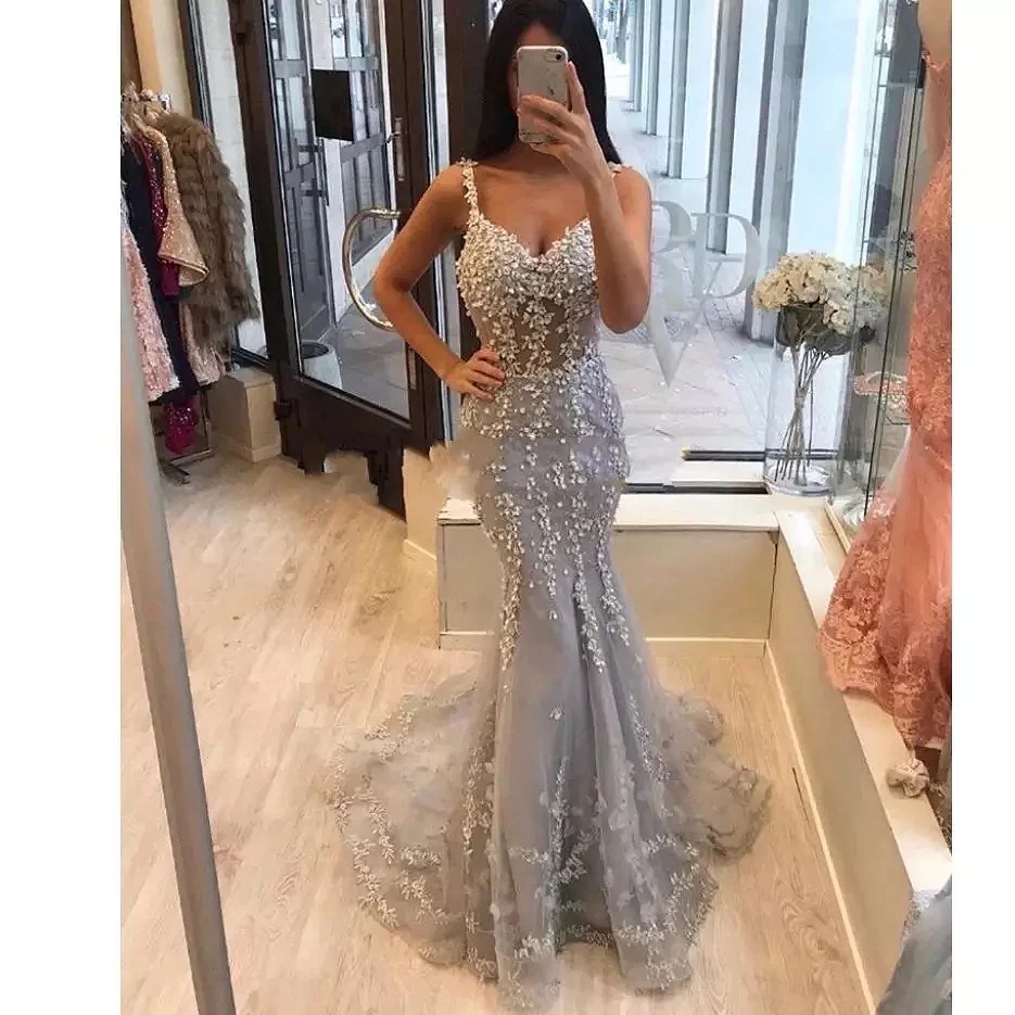 Gray Silver Prom Dress Mermaid V Neck Lace Beaded Gown Sexy - Image 5