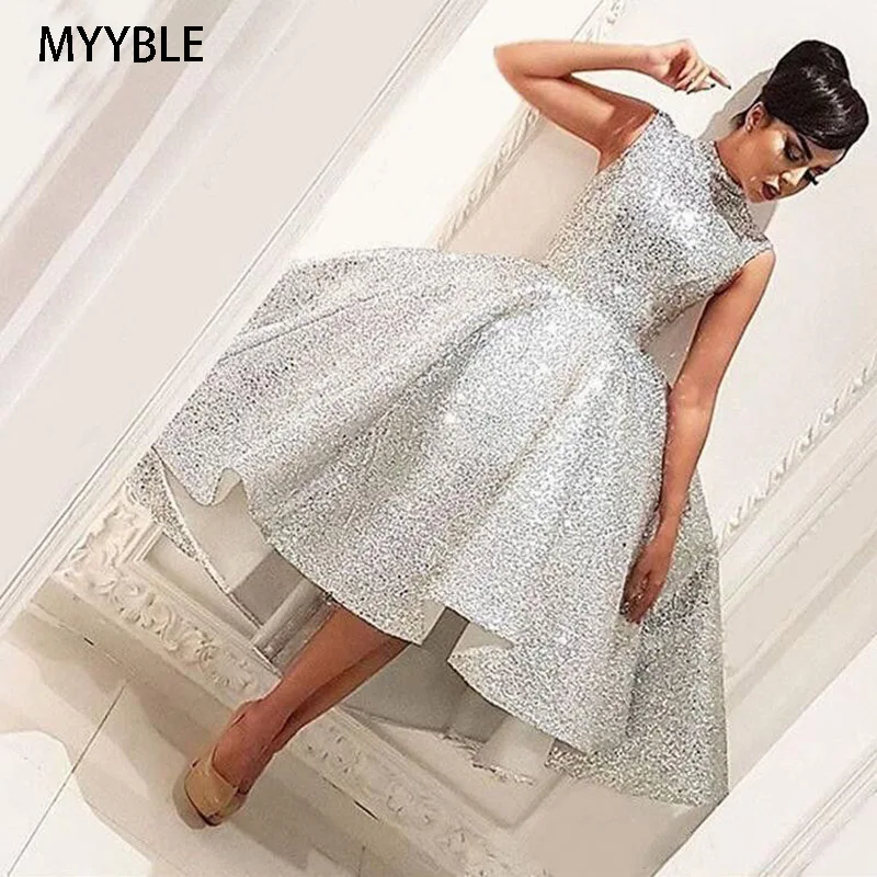 Fashion High Neck Silver Short Prom Dresses Sleeveless Party Gown - Image 5