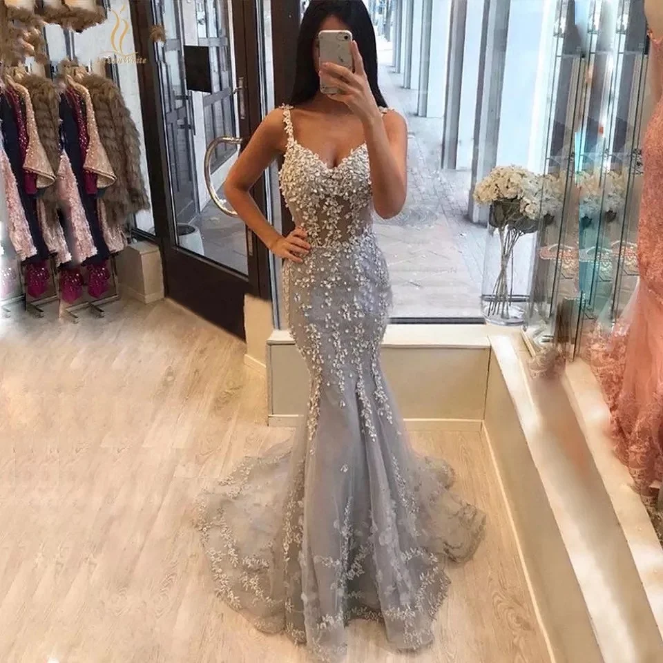 Gray Silver Prom Dress Mermaid V Neck Lace Beaded Gown Sexy