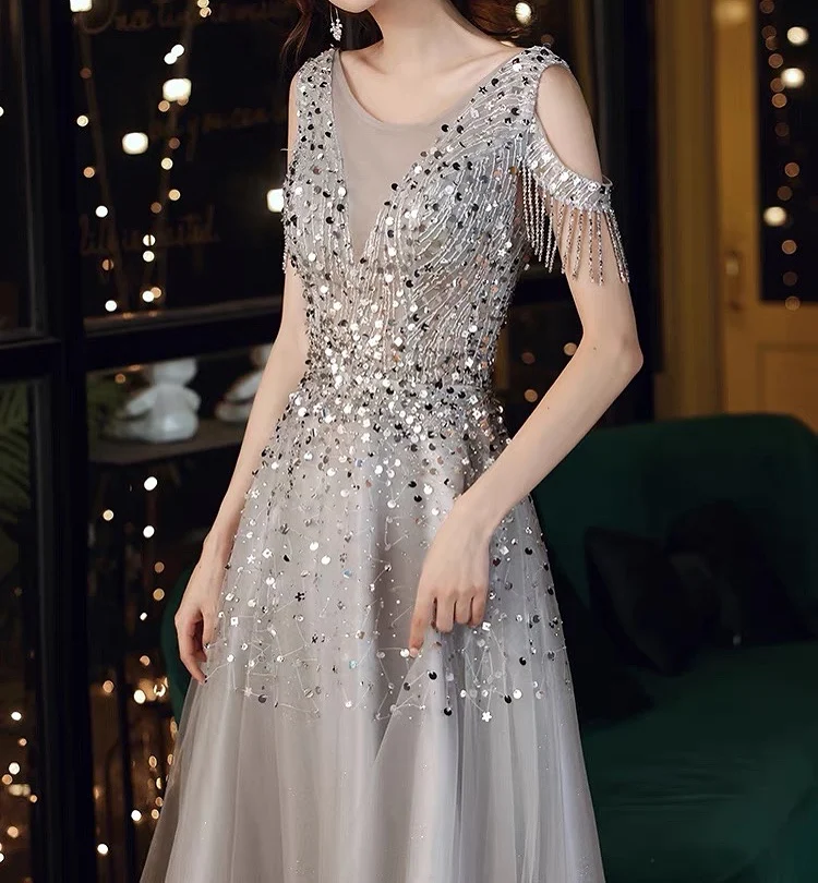 Silver Gray Prom Dresses Sequined O-Neck A-Line Evening Gown Beads - Image 4