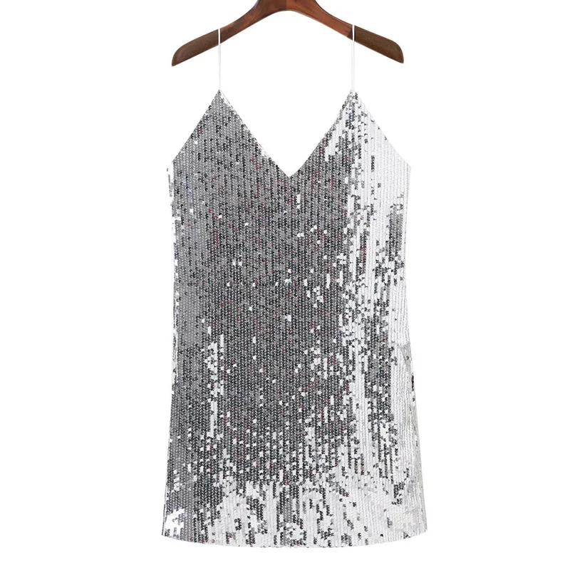 Deep V Neck Silver Sequined Backless Off-Shoulder Mini Party Dress - Image 6