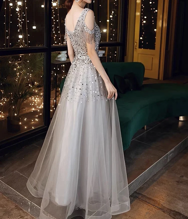 Silver Gray Prom Dresses Sequined O-Neck A-Line Evening Gown Beads - Image 5