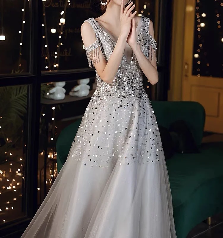 Silver Gray Prom Dresses Sequined O-Neck A-Line Evening Gown Beads - Image 3