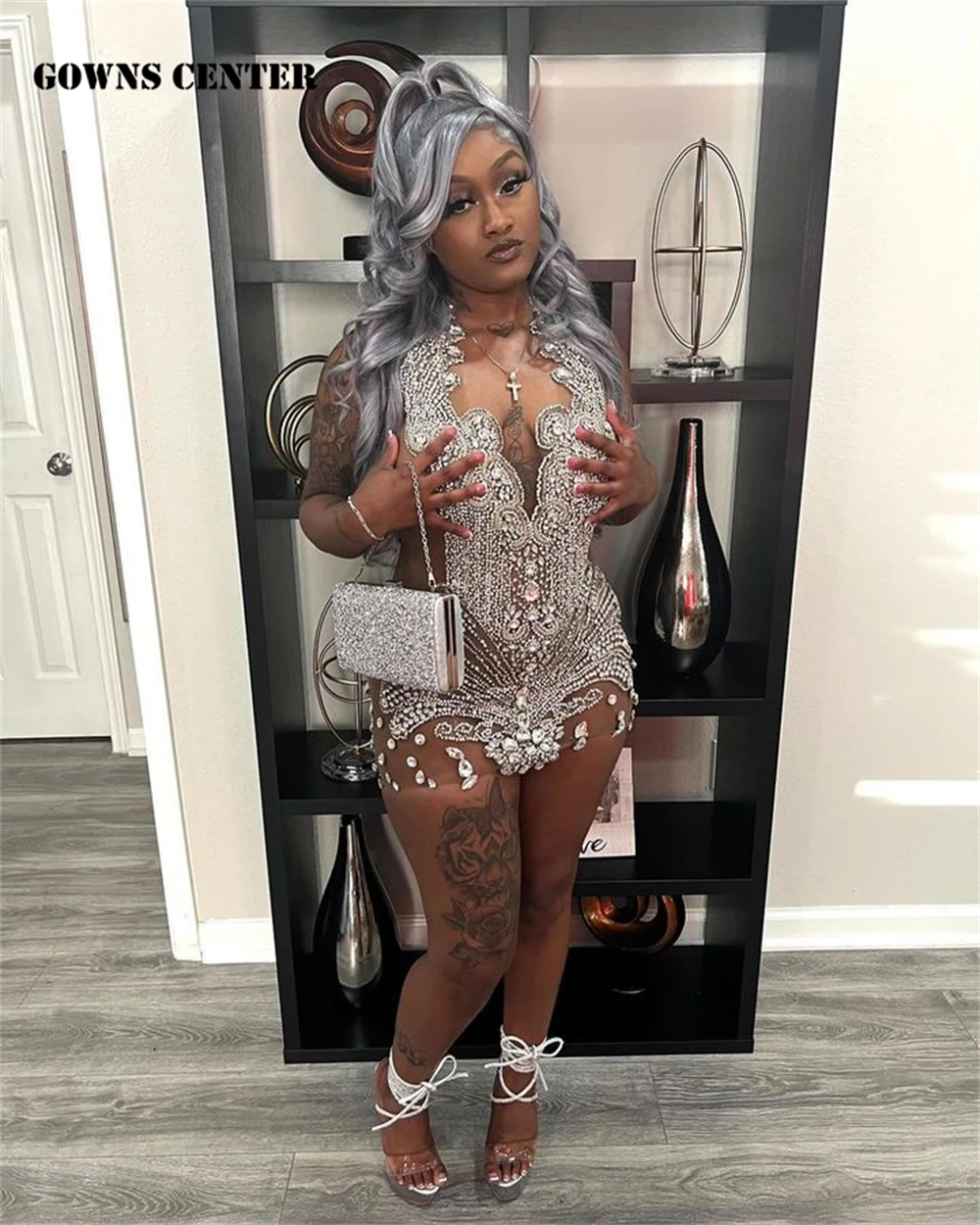 Luxury Silver Crystal Beaded Short Prom Dress For Black Girls Party