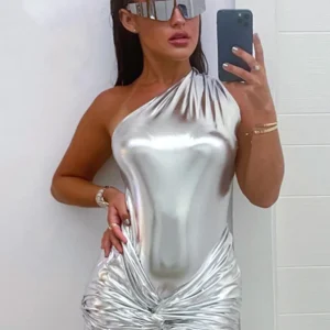 Silver Metallic Two Piece Skirt Set For Women Club Party Wear