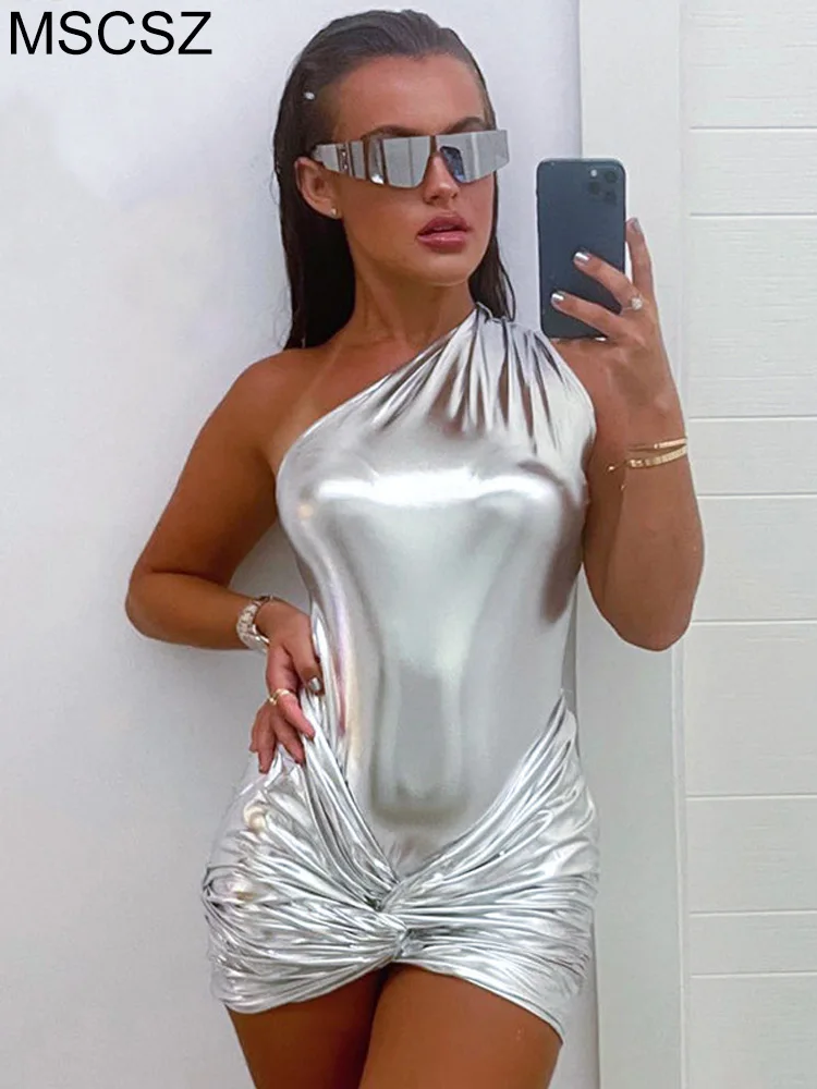 Silver Metallic Two Piece Skirt Set For Women Club Party Wear