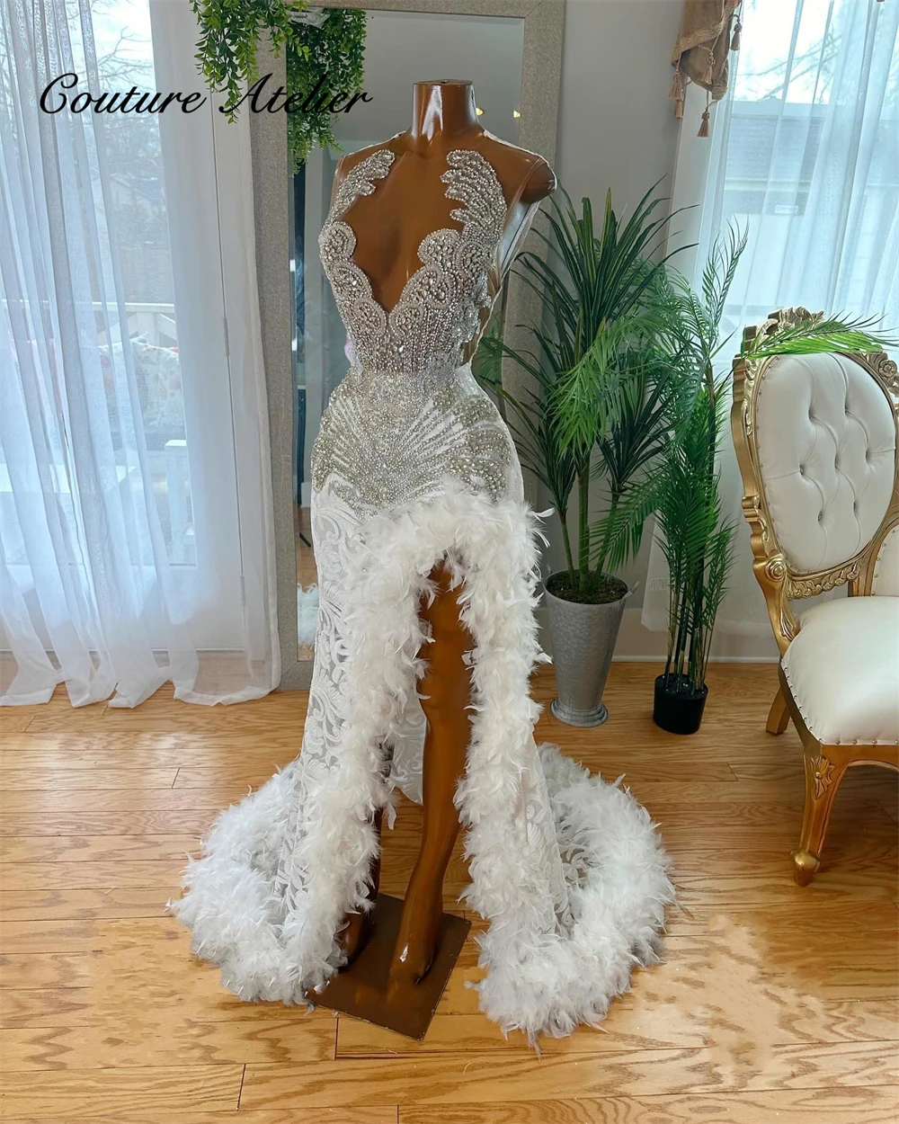 White Feather Silver Rhinestone Mermaid Prom Dress For Black Girls