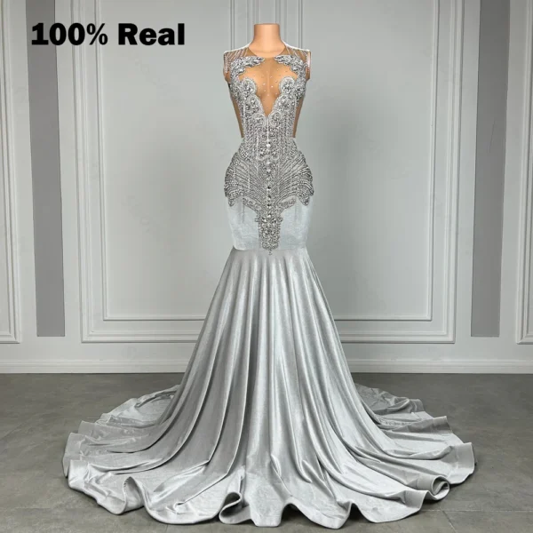 Silver Prom Dresses with Rhinestone Crystal for Black Girls' Luxury Gowns