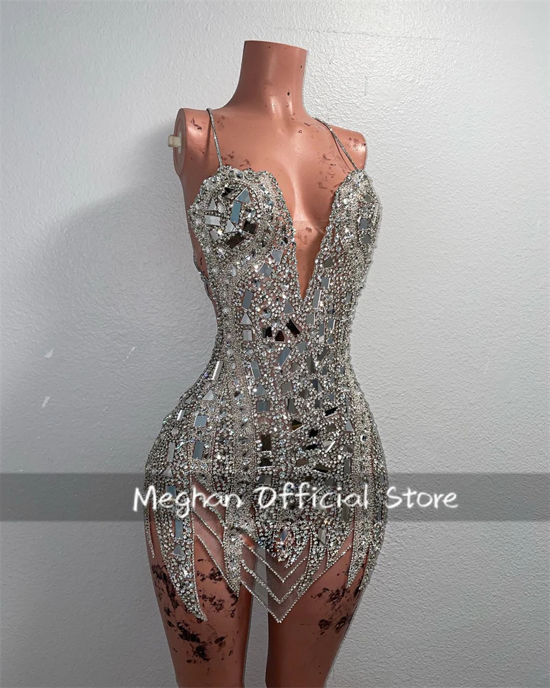 Silver V Neck Short Prom Dress Beaded Crystal Birthday Homecoming