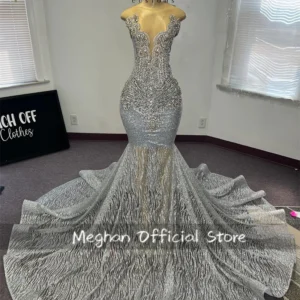 Silver Beaded Mermaid Prom Dress Elegant Crystal Evening Gown 2025