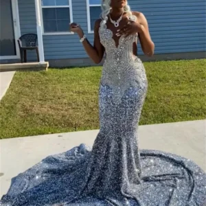 Shiny Silver Diamonds Prom Dress With Glitter Crystals Sequins