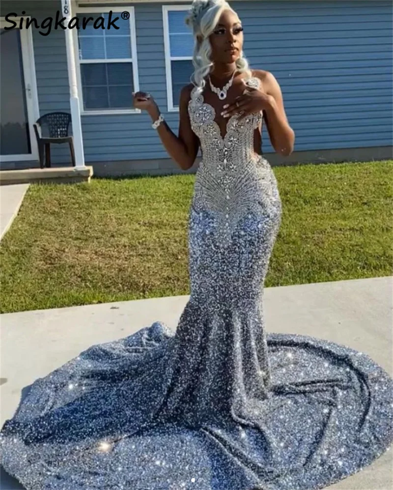 Shiny Silver Diamonds Prom Dress With Glitter Crystals Sequins