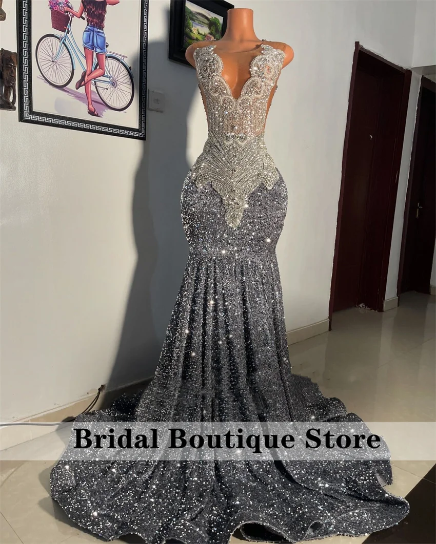 Silver Prom Dresses Luxury Crystals Mermaid Sequins Evening Gown 2025