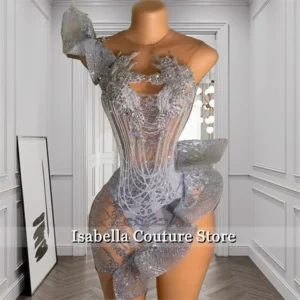 Sexy Silver Short Prom Dress Beads Gems Stylish Cocktail Gown
