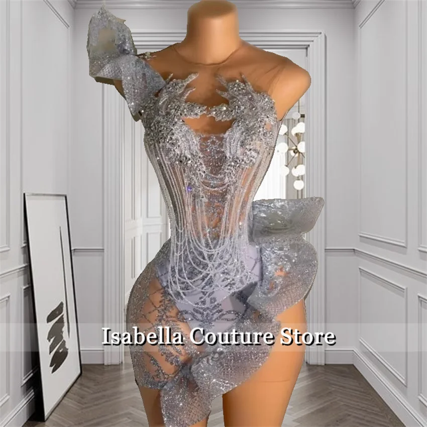 Sexy Silver Short Prom Dress Beads Gems Stylish Cocktail Gown
