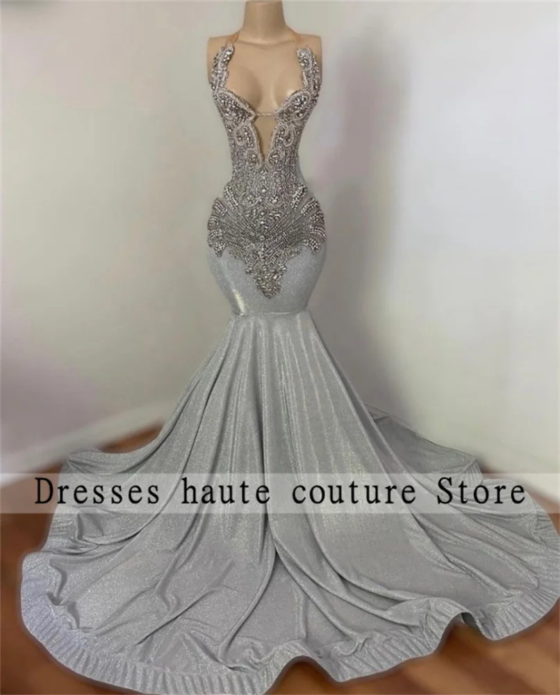 Silver Diamonds Mermaid Prom Dress Crystal Birthday Party Gown