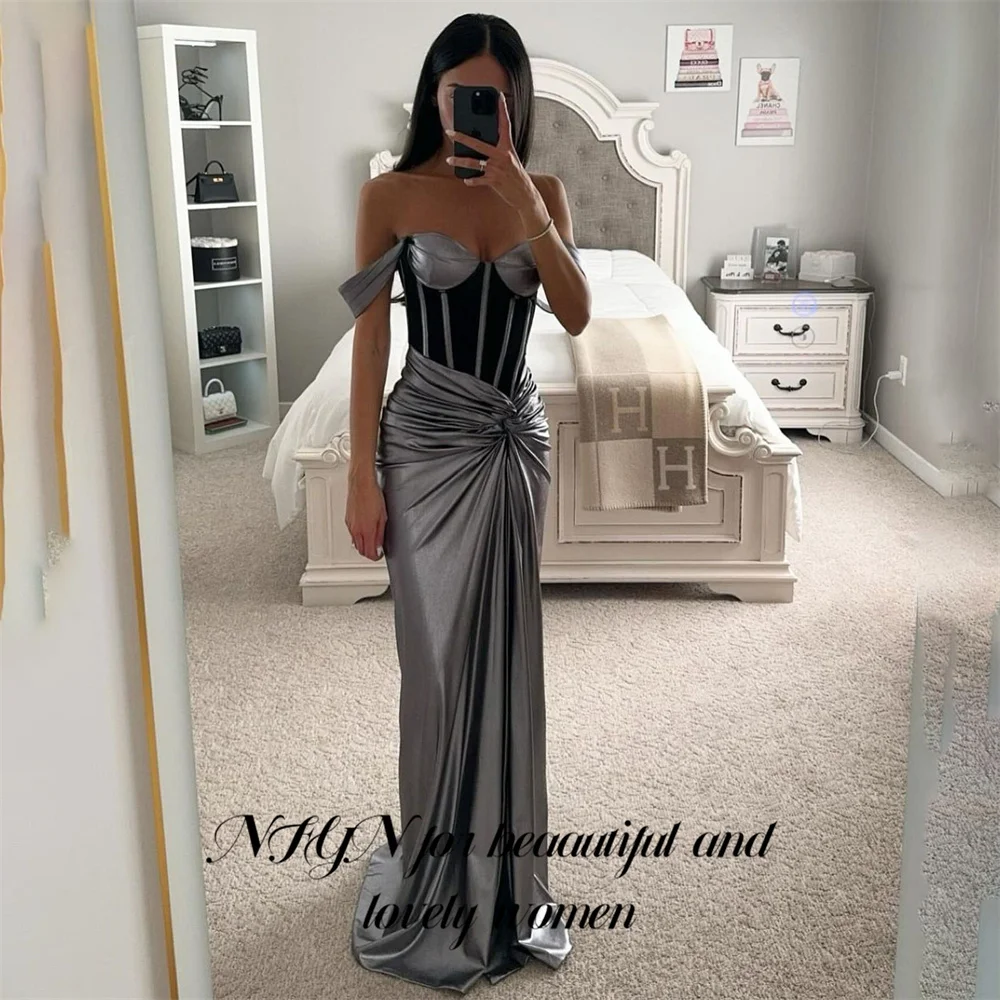 Silver Elegant Prom Dress Off-Shoulder Satin Pleated Ball Gown Customized