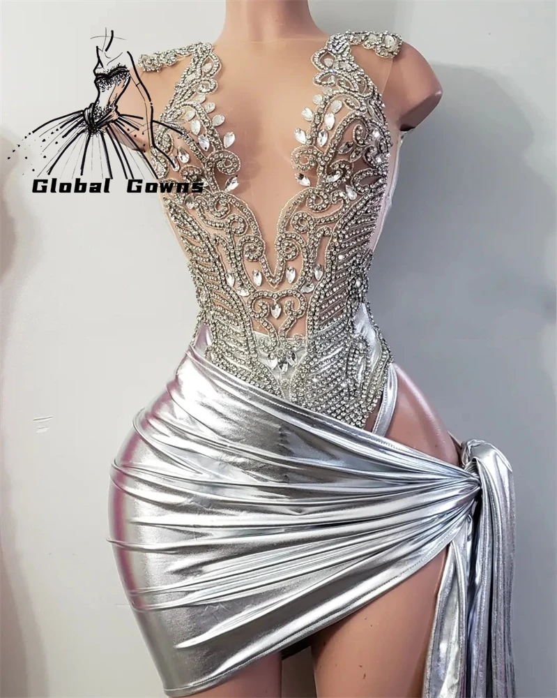 Silver Prom Dresses Beaded Crystal O Neck Short Cocktail Party Dresses