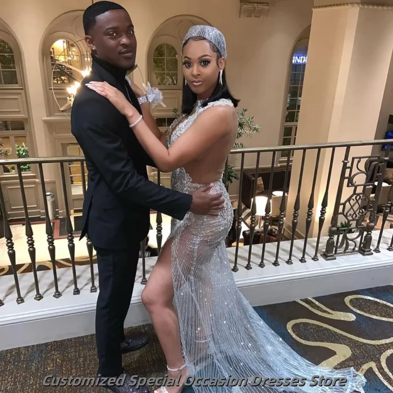 Luxurious Silver African Mermaid Prom Dress Custom Occasion Gown