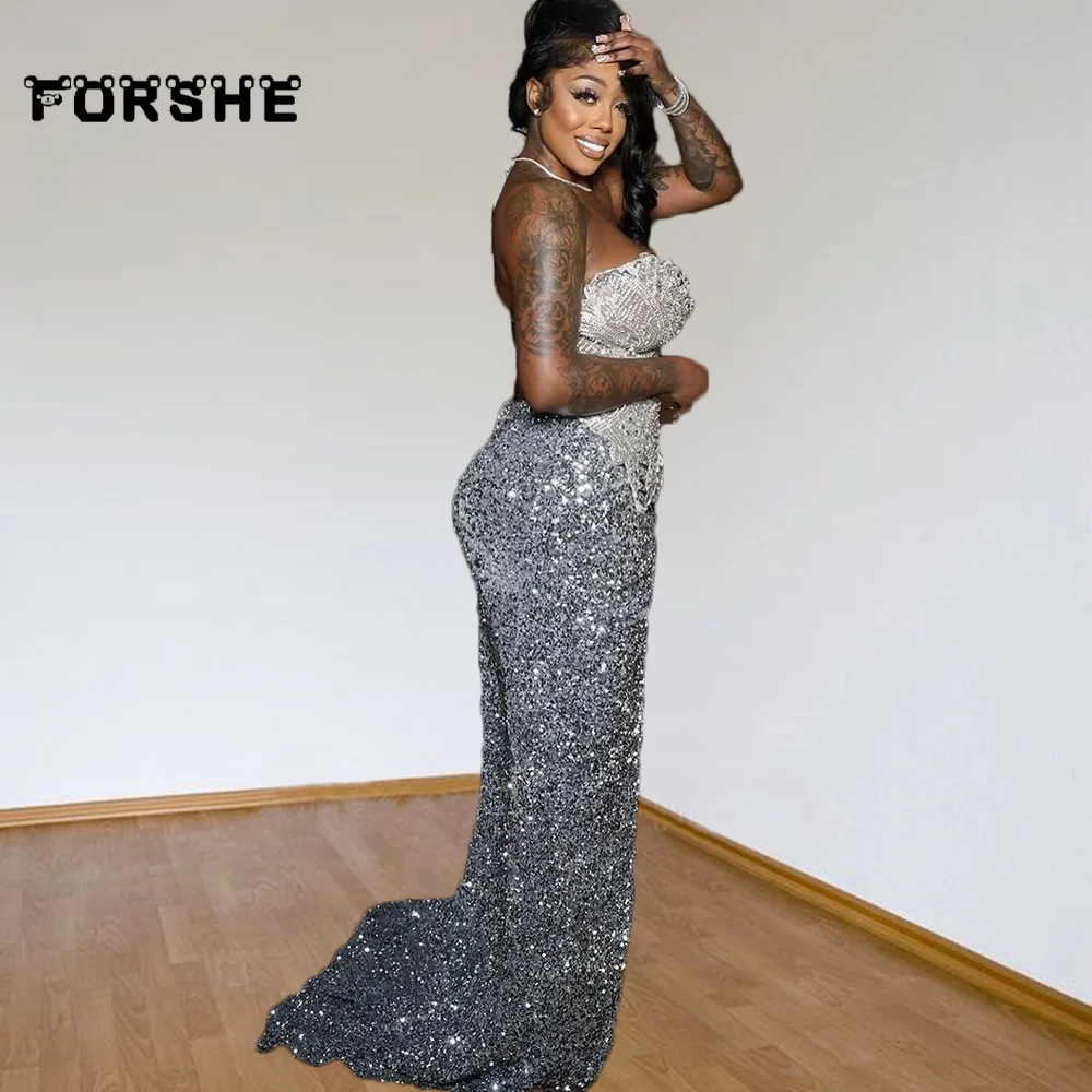 Silver Diamond Sequin Mermaid Prom Dress For Black Girls 2025 - Image 3