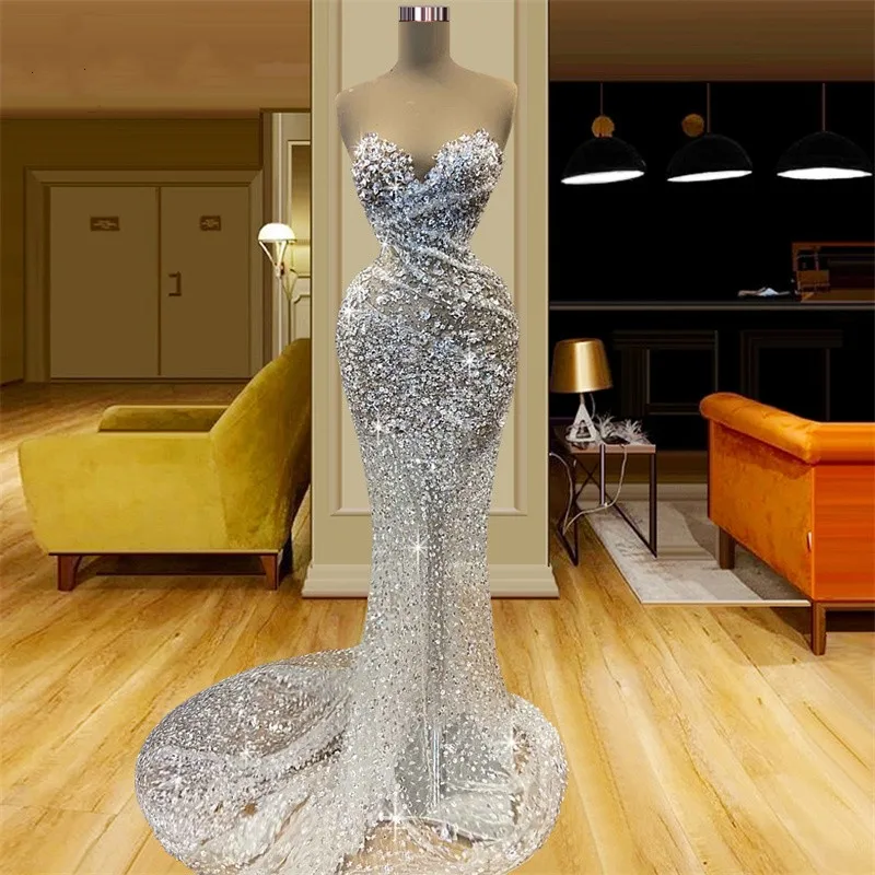 Customized Silver Prom Dress Sweetheart Crystal Beads Evening Gown - Image 4