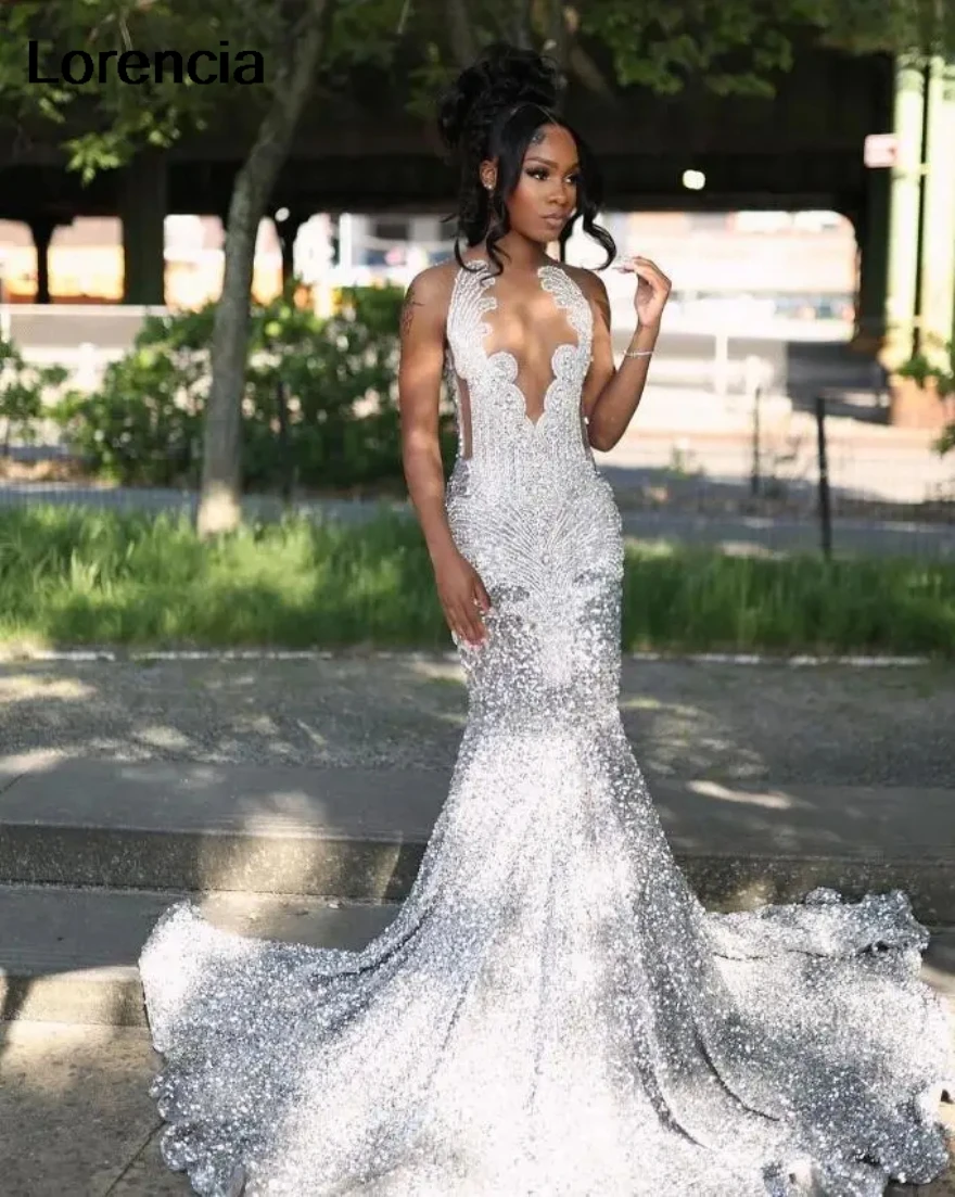 Customized Diamond Silver Mermaid Prom Dress Sparkly Crystal Velvet Gown - Image 3