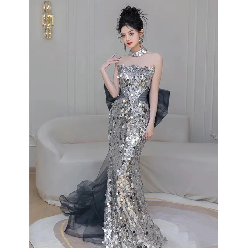 New Long Sequined Mermaid Grey Silver Bridesmaid Dance Prom Dress - Image 3