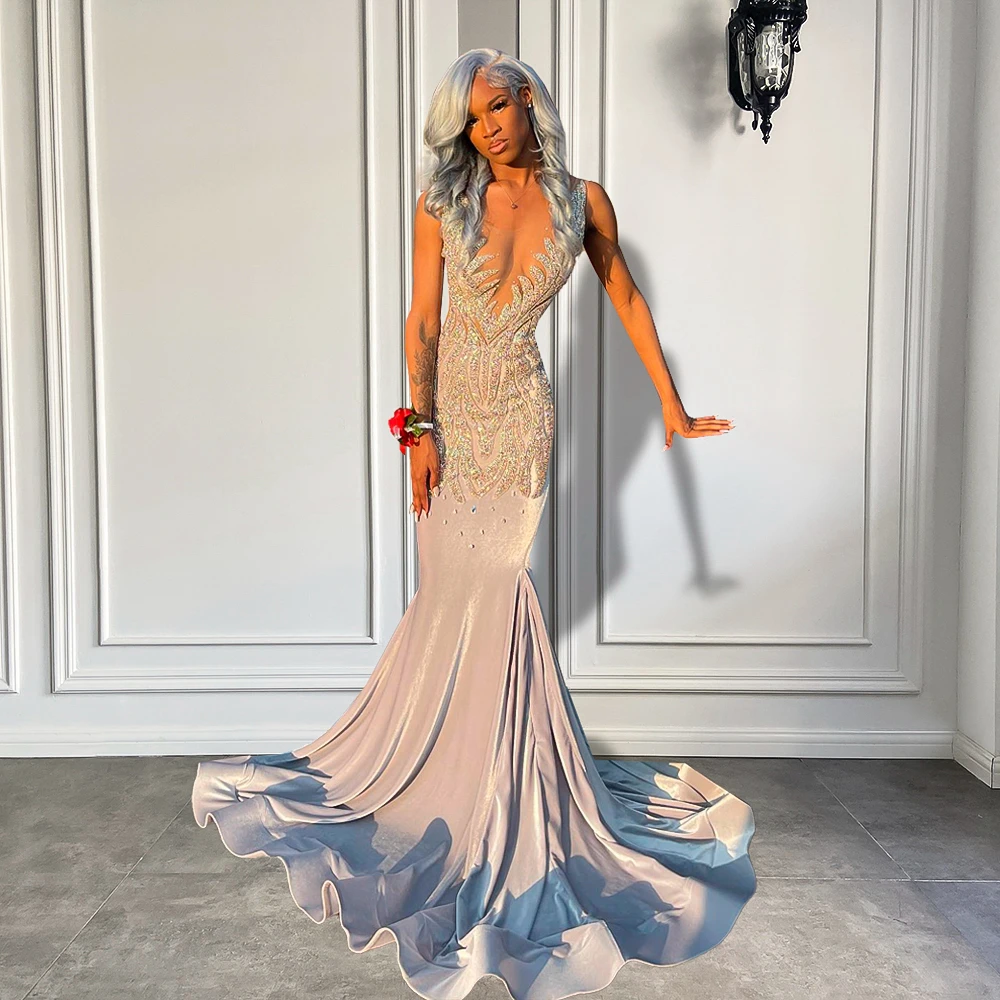 Sexy Silver Beaded Mermaid Prom Dress For Black Girls Luxury Party